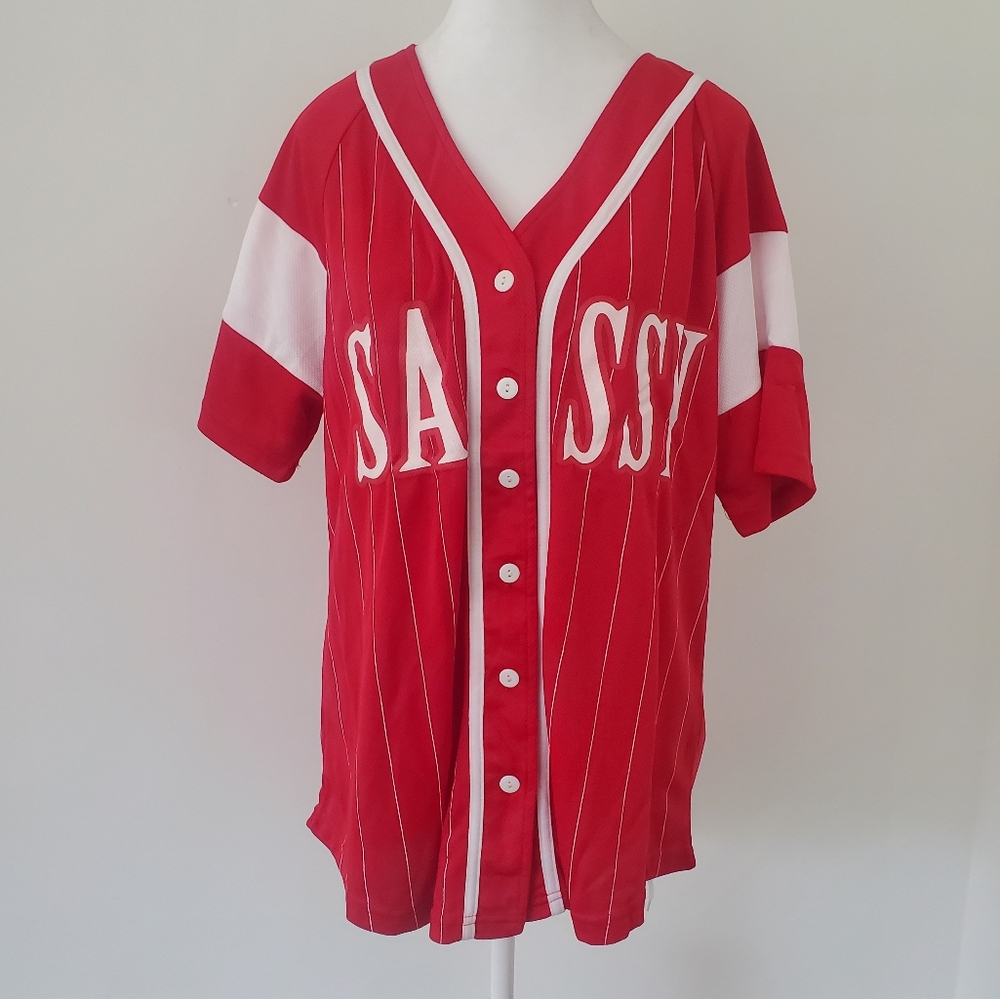 Loud SASSY Women's Baseball Jersey Shirt Top Red & White Pinstripe Button Down L